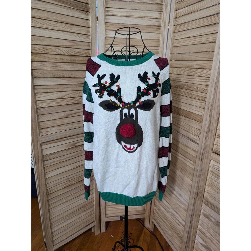Women’s Ugly Christmas Sweater Rudolph Red Nose‎ Long Sleeve Sweater Size L
